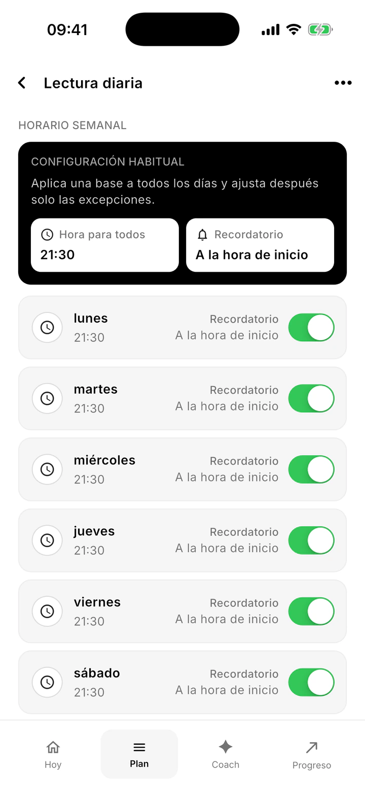 Configuración semanal y recordatorios de un hábito en Northward